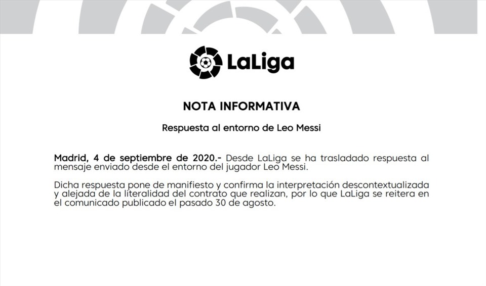 LFP cũng sớm có phản hồi với lá thư của cha Messi. Ảnh: Marca
