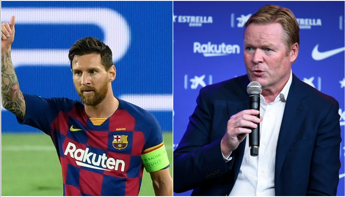 Messi và HLV Koeman. Ảnh: Goal.