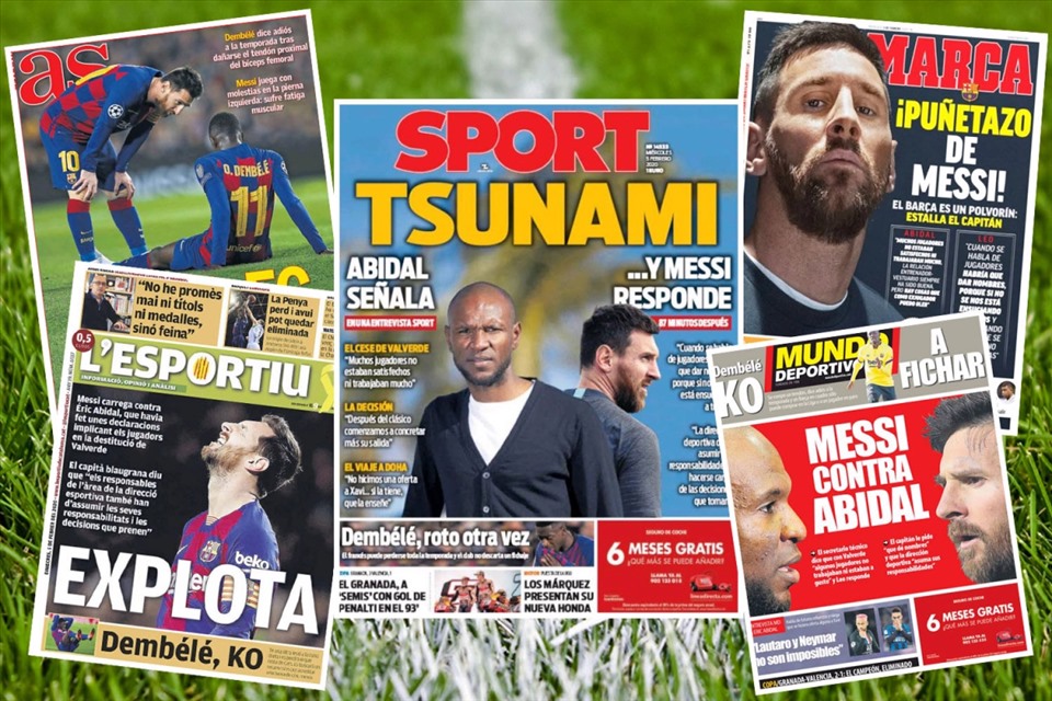 Giám đốc Eric Abidal và Lionel Messi “khẩu chiến“. Ảnh: The Sun