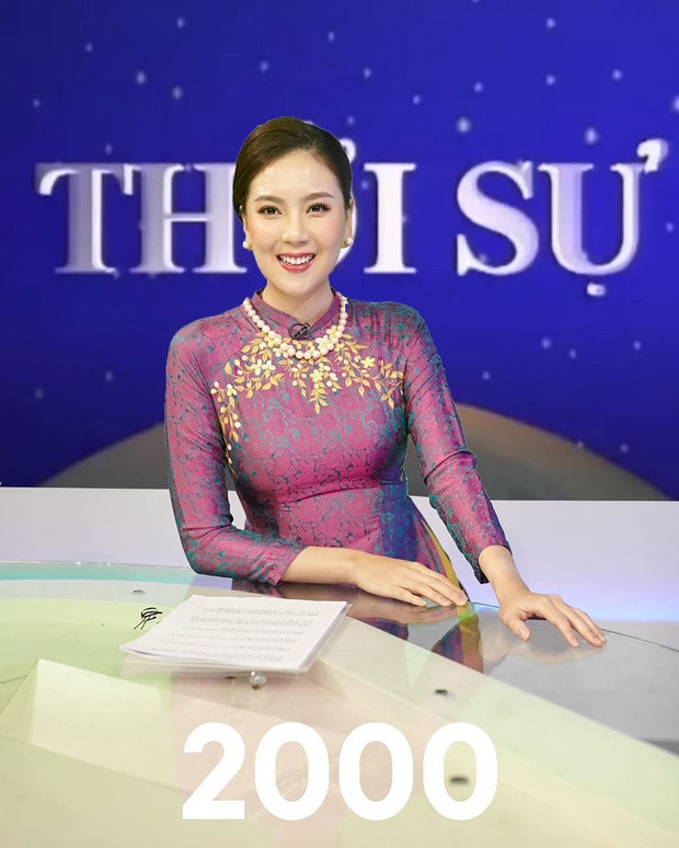 BTV Mai Ngọc tái hiện hình ảnh các MC thời sự VTV qua các thời kỳ. Ảnh: FBNV.