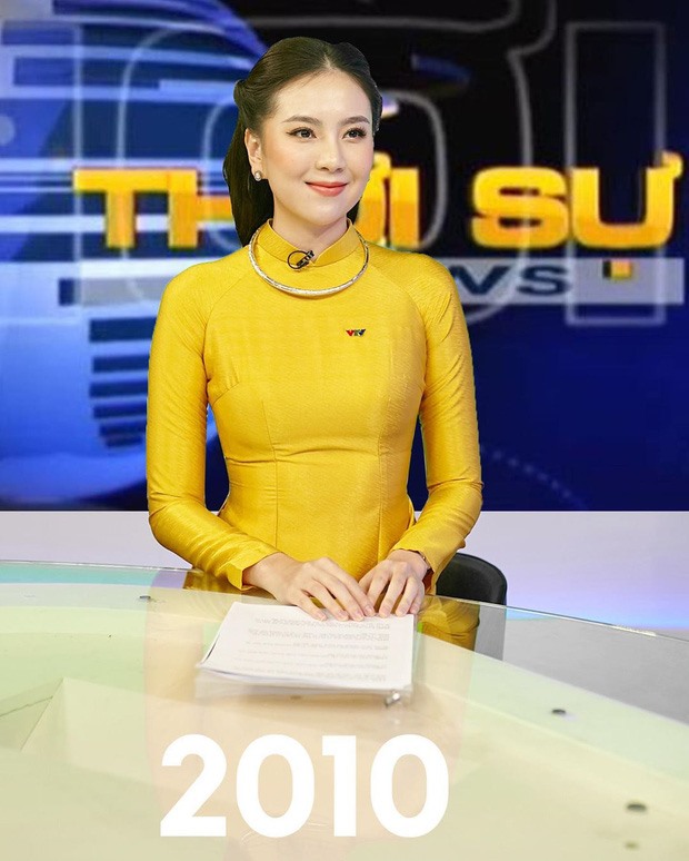 BTV Mai Ngọc tái hiện hình ảnh các MC thời sự VTV qua các thời kỳ. Ảnh: FBNV.