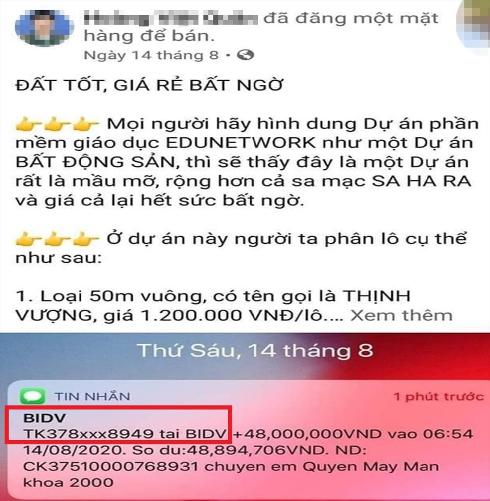 Một thành viên Edunetwork “khoe” thu nhập khủng từ việc bán khóa học được ngân hàng chuyển về nhưng theo tìm hiểu của PV, ngân hàng BIDV không hề có đầu số tài khoản là 378. Ảnh: PV.