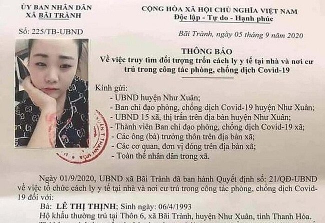 Thông báo truy tìm cô gái trẻ trốn cách ly y tế. Ảnh: Q.D