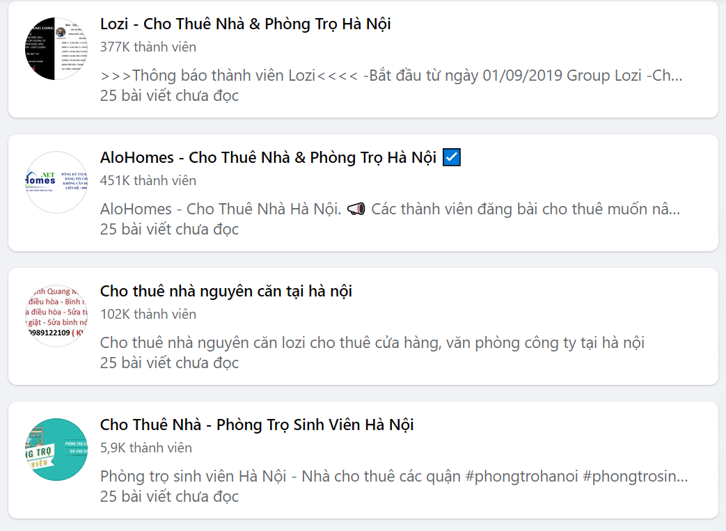Dễ dàng tìm kiếm phòng trọ thông qua tìm kiếm trên mạng xã hội.