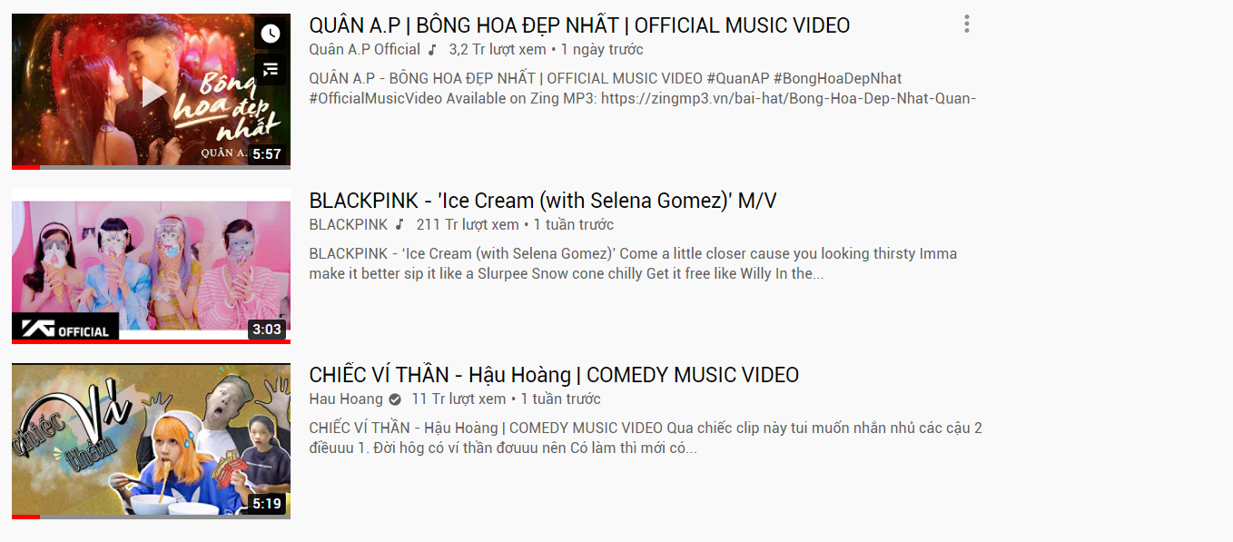 Vị trí xếp hạng trên YouTube Việt Nam của Quân A.P, Blackpink, Hậu Hoàng. Ảnh: Chụp màn hình