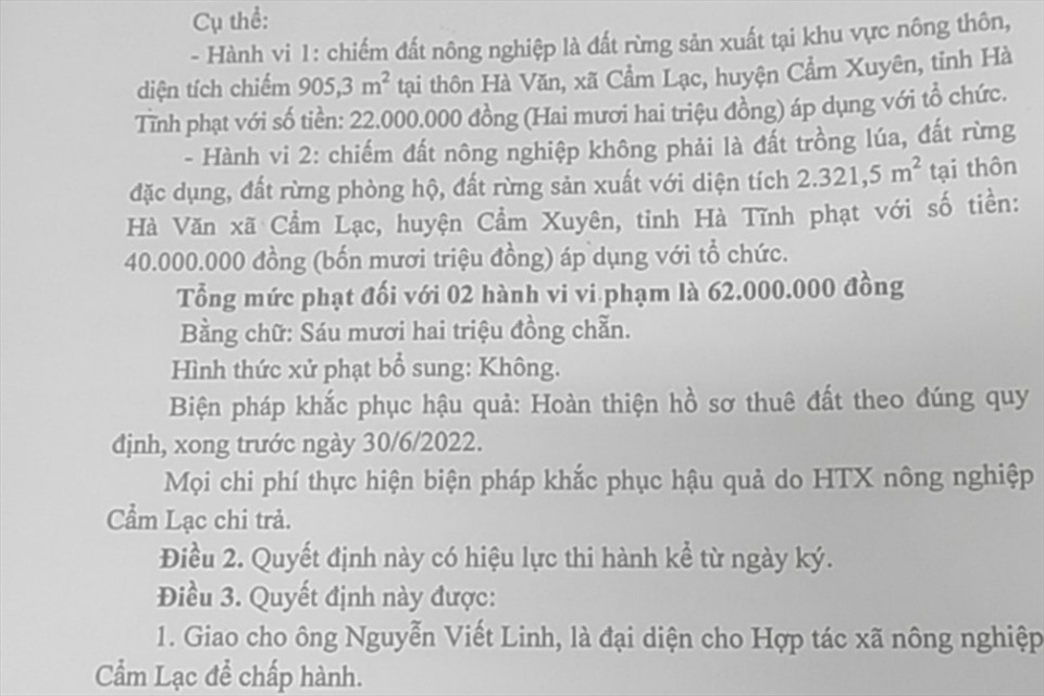 Nội dung quyết định xử phạt. Ảnh: TT.