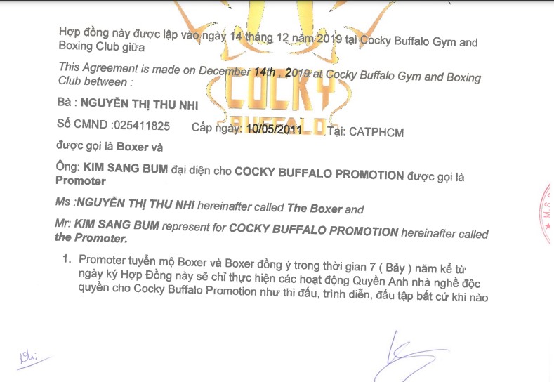 Hợp đồng mà Thu Nhi đã ký với Cocky Buffalo vào ngày 14.12.2019 có chữ ký của 2 bên. Ảnh: Chụp màn hình
