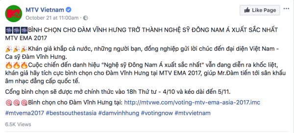 Bài đăng của MTV Việt Nam về thể lệ bình chọn online cho Đàm Vĩnh Hưng