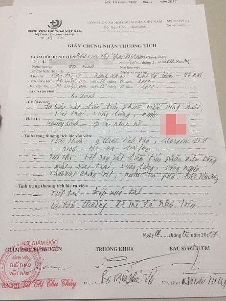 Giấy chứng nhận thương tích của cháu bé tại Bệnh viện thể thao. Ảnh: NVCC