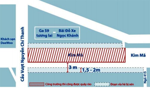 Vỉa hè đường Kim Mã bị xén còn 3 m đoạn từ cầu vượt Nguyễn Chí Thanh đến số 415 Kim Mã để thi công Metro Hà Nội. Ảnh:Google Maps.
