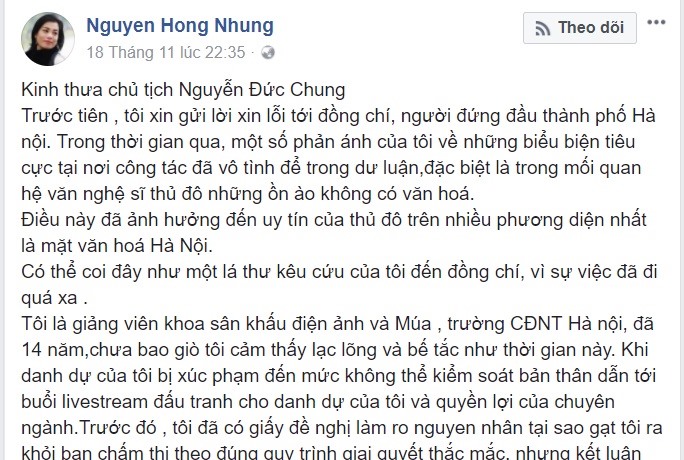Dòng trạng thái chia sẻ của vợ Xuân Bắc.