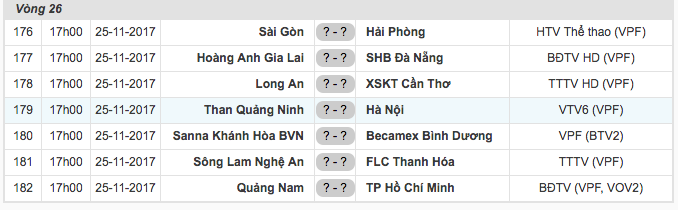 Lịch thi đấu vòng 26 V.League.
