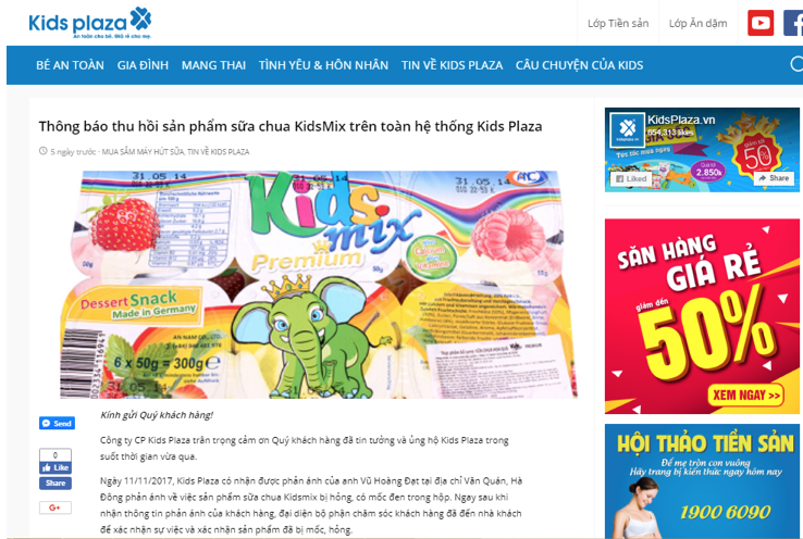 Thông báo thu hồi sản phẩm sữa chua Kidmix