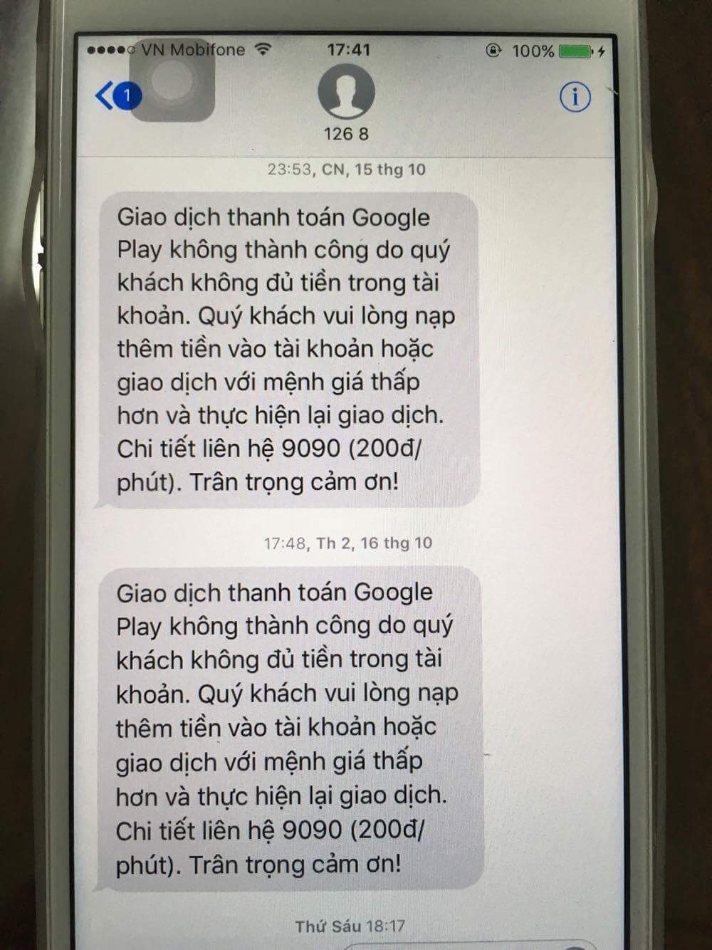Thông báo “không đủ tiền” chơi game, rồi lại ... “thanh toán thành công” nạp tiền chơi game, dù chủ nhân thuê bao không nạp tiền. Ảnh: C.H