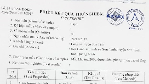 Kết quả thử nghiệm mẫu gạo cấp cứu trợ vùng lũ ở Tịnh Hà. Ảnh: SGGP.