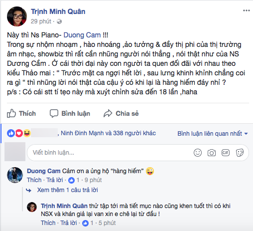 Nam ca sĩ cũng không quên đùa rằng chỉ dòng trạng thái ngắn này anh cũng đã suýt sửa 18 lần