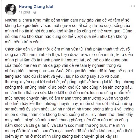 Nữ ca sĩ viết dòng trạng thái khá dài chia sẻ về bệnh trầm cảm