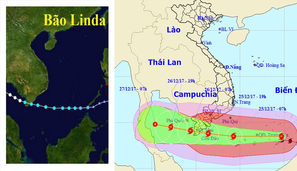 Đường đi của bão số 16 (Tembin) gần như trùng khớp với đường đi của bão Linda (trái) cách đây 20 năm gây thảm họa về người và của. (Nguồn: TTKTTVQG)
