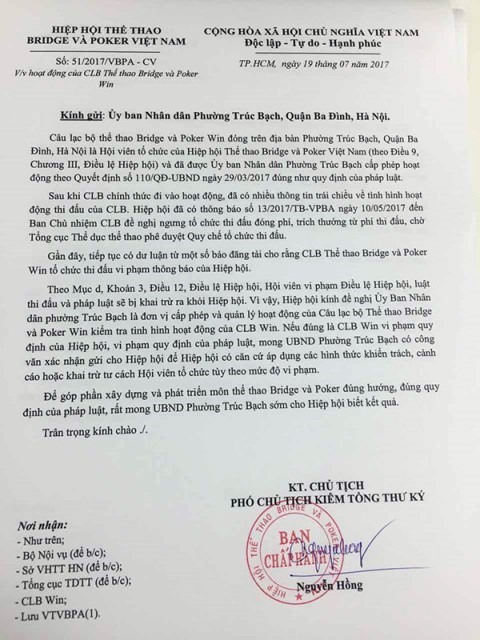 Văn bản ban hành ngày 19/7 của Hiệp hội Bridge & Poker VN đề nghị UBND các phường kiểm tra hoạt động của CLB Poker.