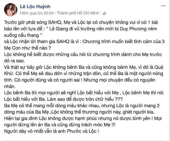 Dòng trạng thái của Lê Lộc đăng tải trên trang cá nhân