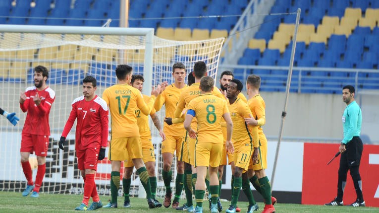 U23 Australia (áo vàng) đang tạm đứng đầu bảng D. Ảnh: AFC.