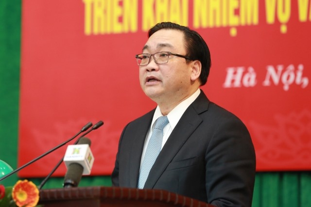 Đồng chí Hoàng Trung Hải - Ủy viên Bộ Chính trị, Bí thư Thành ủy Hà Nội phát biểu chỉ đạo tại Hội nghị. Ảnh: Hải Nguyễn