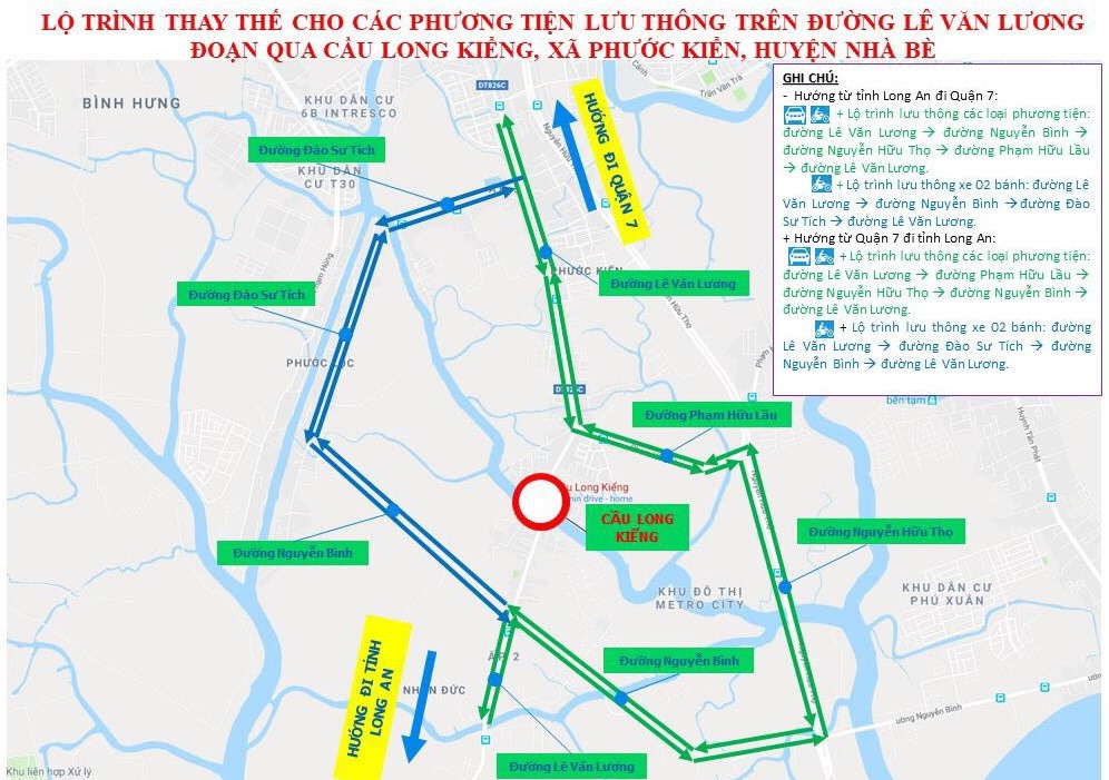 Lộ trình thay thế sau khi cầu Long Kiển bị sập.