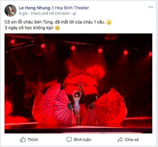 Hồng Nhung gửi lời xin lỗi Sơn Tùng trên trang cá nhân