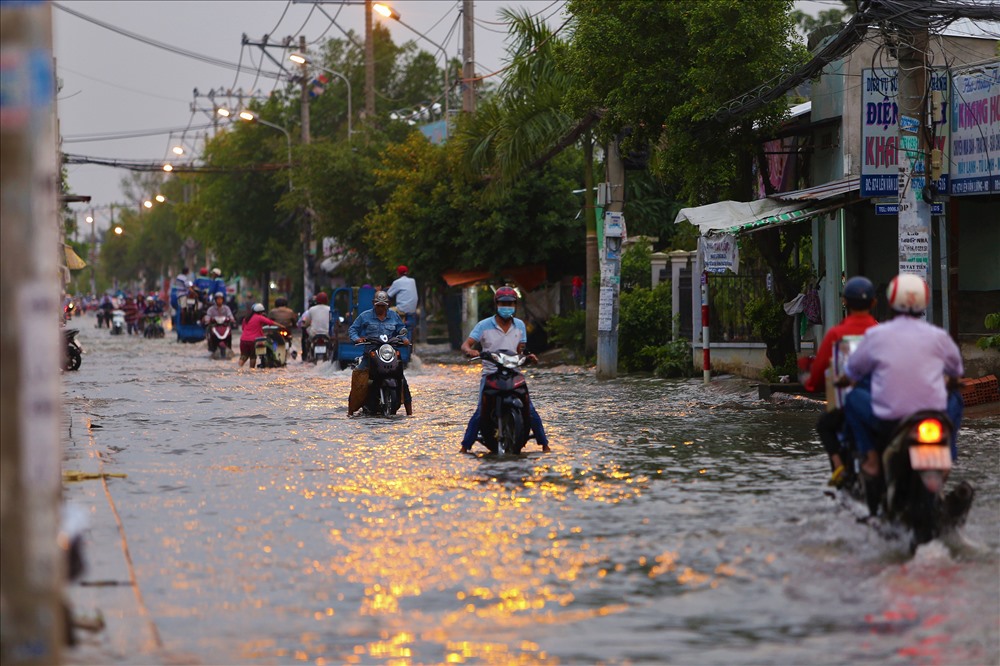 Trong khi chờ các động thái của các cơ quan chức năng thì người dân tại các con đường bị ảnh hưởng do triều cường vẫn phải chịu đựng cảnh nhà ngập, xe chết máy, lội nước cống về nhà. Ảnh: Trường Sơn