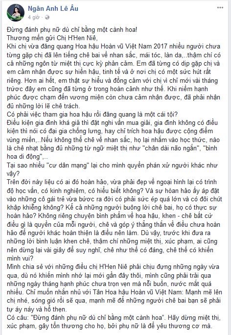 Đồng thời, Ngân Anh cũng gửi lời nhắn nhủ tới H'hen Niê: “Mạnh mẽ lên chị nhé, sóng gió rồi sẽ qua, mạnh mẽ để những người chê bai bạn tự áy náy, hổ thẹn“.