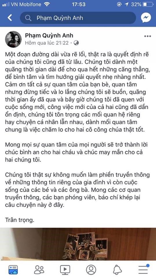 Chia sẻ của nữ ca sĩ trên trang facebook cá nhân.