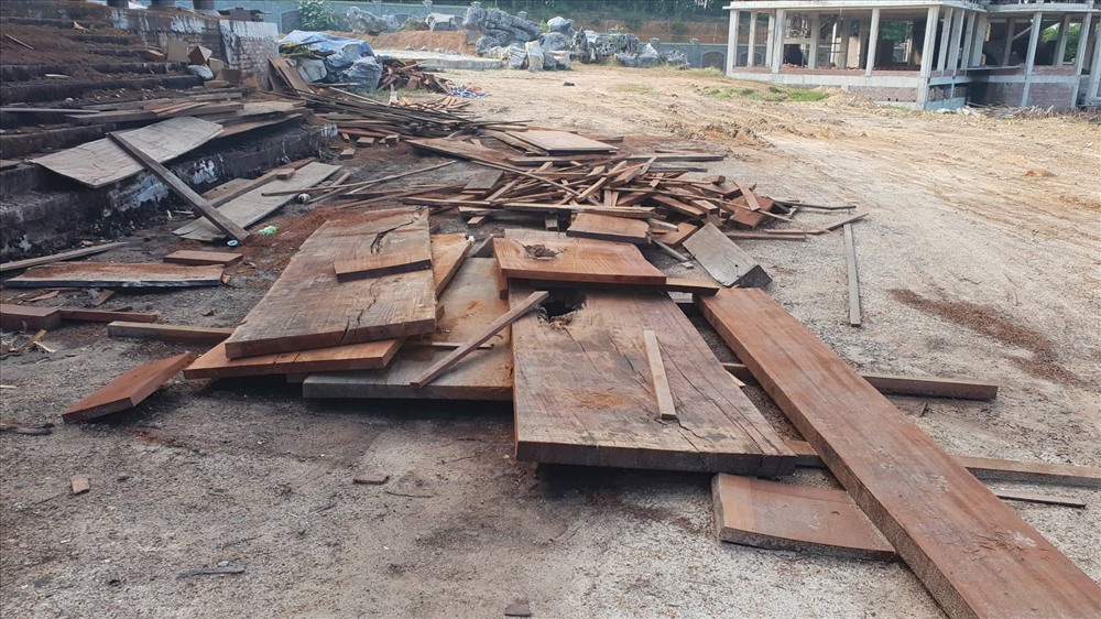 Nhiều thớ gỗ lim vứt ngổn ngang phục vụ quá trình hoàn thiện ngôi nhà.