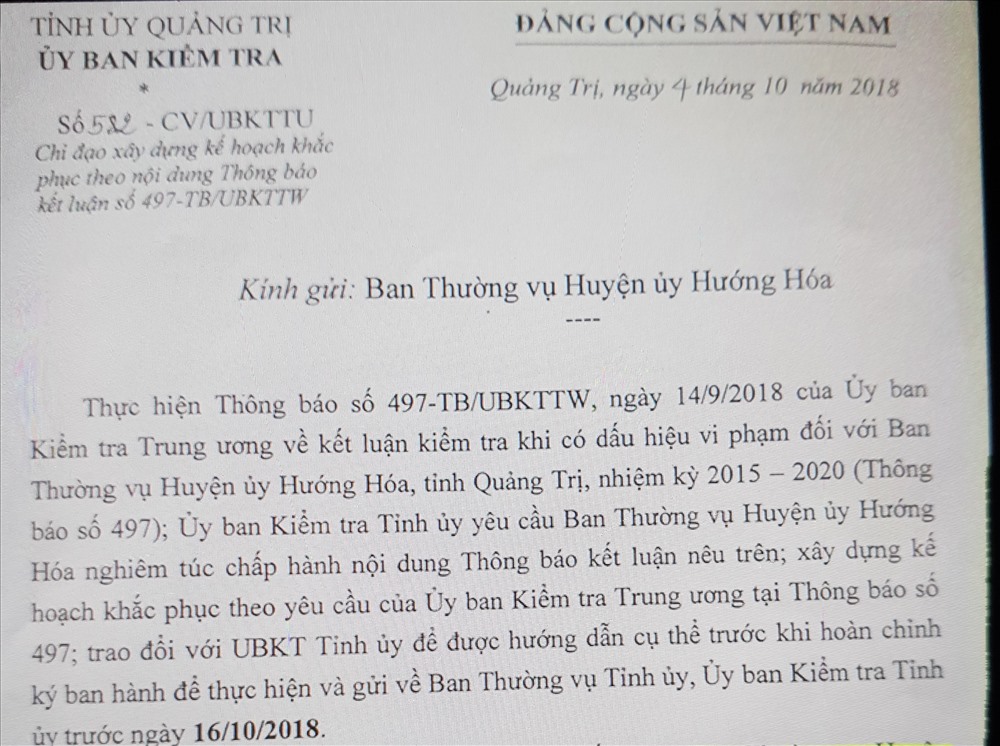 Trong khi 6 quyết định bổ nhiệm, bổ nhiệm lại, điều động cán bộ tại huyện Hướng Hóa có hiệu lực từ 1.10.2018 thì ngày 4.10.2018, Tỉnh ủy Quảng Trị có công văn chỉ đạo tạm dừng bổ nhiệm... Ảnh: S.H
