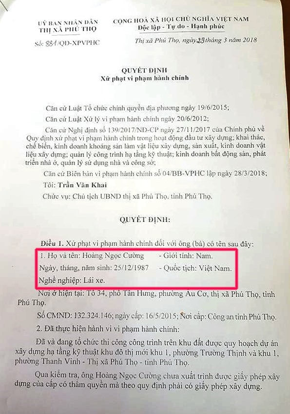 Quyết bản xử phạt ghi rõ anh Hoàng Ngọc Cường, SN 1987, hành nghề lái xe. Ảnh: LN.