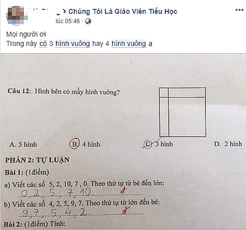 Bài toán tìm số hình vuông khiến phụ huynh và giáo viên tranh cãi.