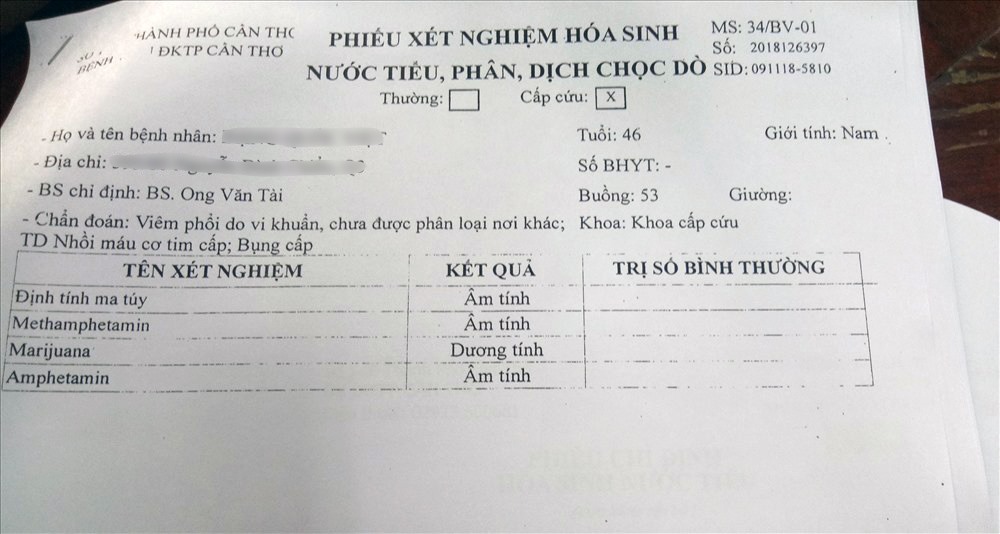 Kết quả xét nghiệm của ông Việt tại Bệnh viện Đa khoa TP.Cần Thơ cho thấy ông đã dương tính với chất Marijuana (một chất có trong cần sa). Ảnh: Bảo Trung