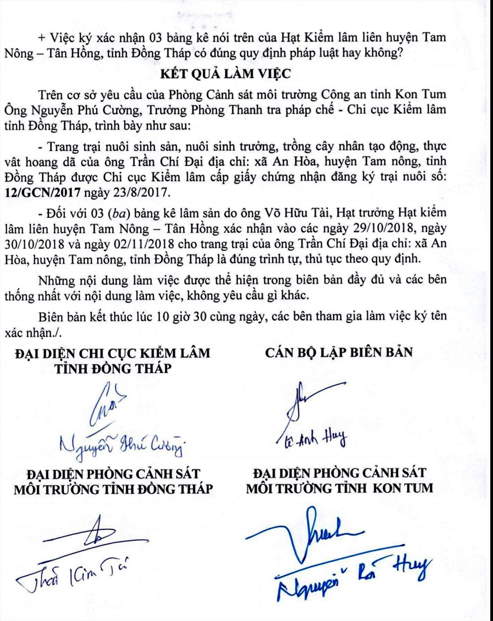 Một phần nội dung biên bản làm việc của Cảnh sát môi trường, Công an Kon Tum với Chi cục Kiểm lâm Đồng Tháp. Ảnh: Lục Tùng