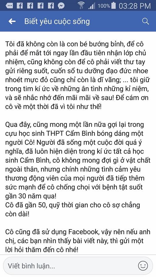 Một học sinh chia sẻ tình cảm của mình với cô Thúy