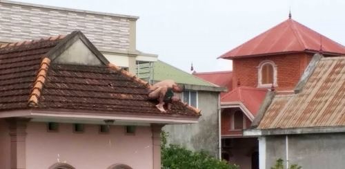 Đối tượng bế cháu bé liên tục di chuyển trên nóc nhà 3 tầng