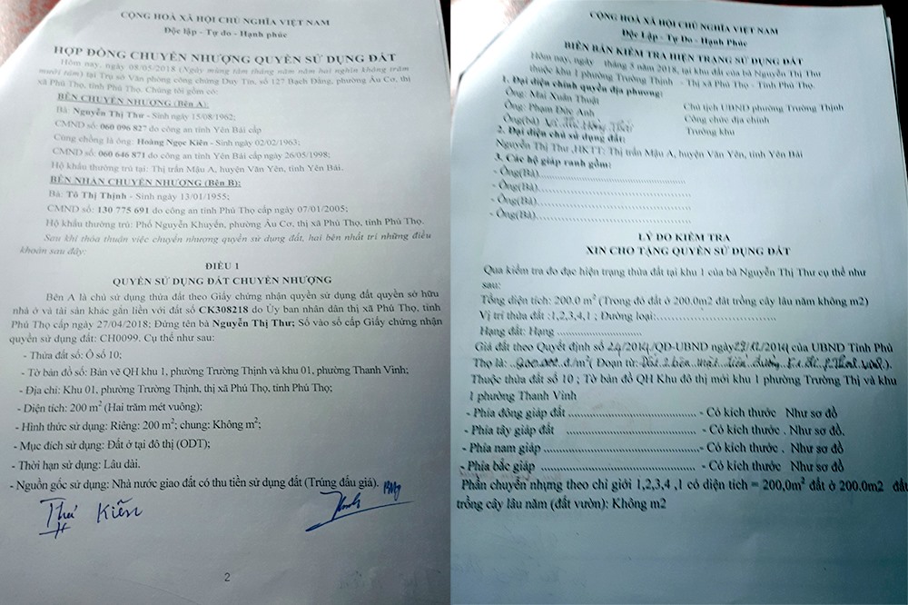 Một bản hợp đồng sang tên đất cho bà Thịnh và một biên bản kiểm tra hiện trạng đất được lập rất sơ sài bởi UBND phường Trường Thịnh. Ảnh: LN.