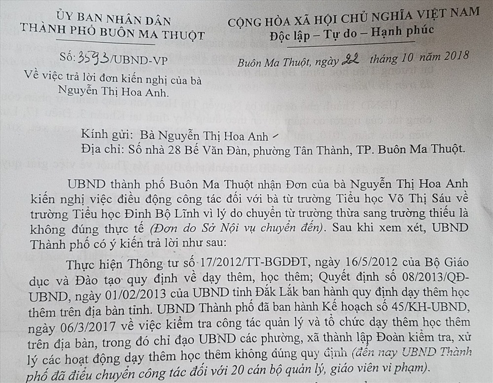 Trong quy định của Luật Viên chức và các văn bản mà UBND TP.Buôn Ma Thuột viện dẫn trong công văn nói trên cũng không có hình thức kỷ luật nào là “điều chuyển” công tác.