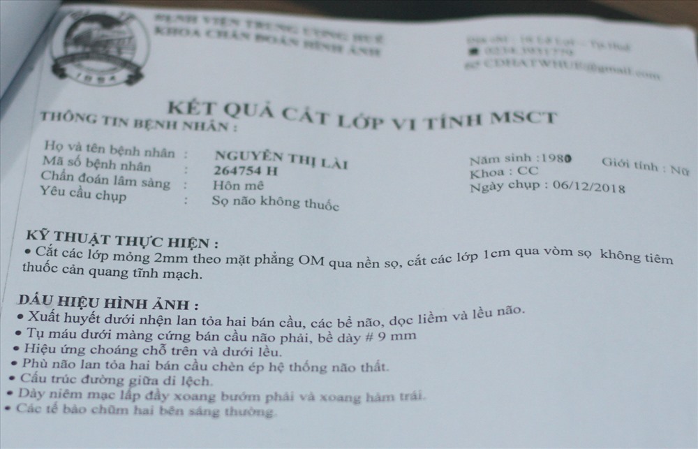 Kết quả kiểm tra của Bệnh viện Trung ương Huế về tình trạng của bệnh nhân Lài. Ảnh: HT.