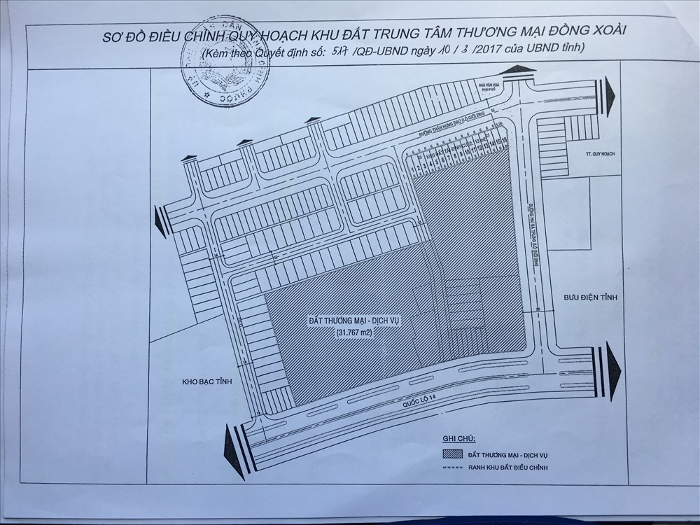 Bản đồ quy hoạch chi tiết Khu trung tâm thương mại Đồng Xoài và khu vực tái định cư cho 13 hộ dân. Ảnh: C.H