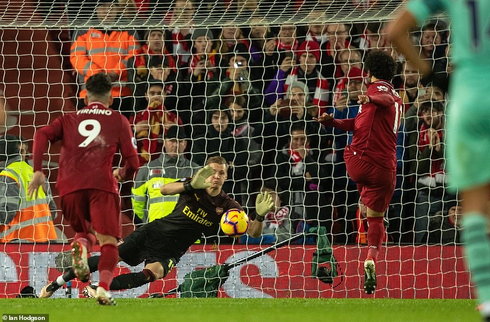 Salah (áo đỏ phải) thực hiện thành công quả phạt đền. Ảnh: Daily Mail.