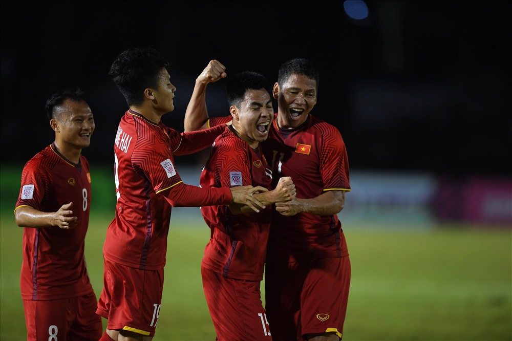 Gianfh chiến thắng với tỉ số 2-1 ở bán kết lượt đi trên sân khách đang là lợi thế vô cùng to lớn cho ĐT Việt Nam ơ trận lượt về. Ảnh: Đ.Đ