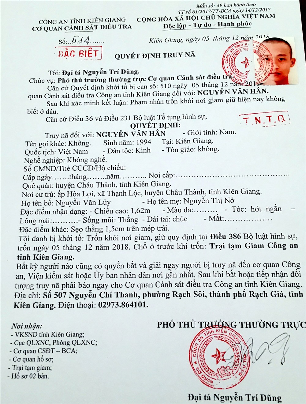 Truy nã đặc biệt phạm nhân Nguyễn Văn Hân. Ảnh: LT