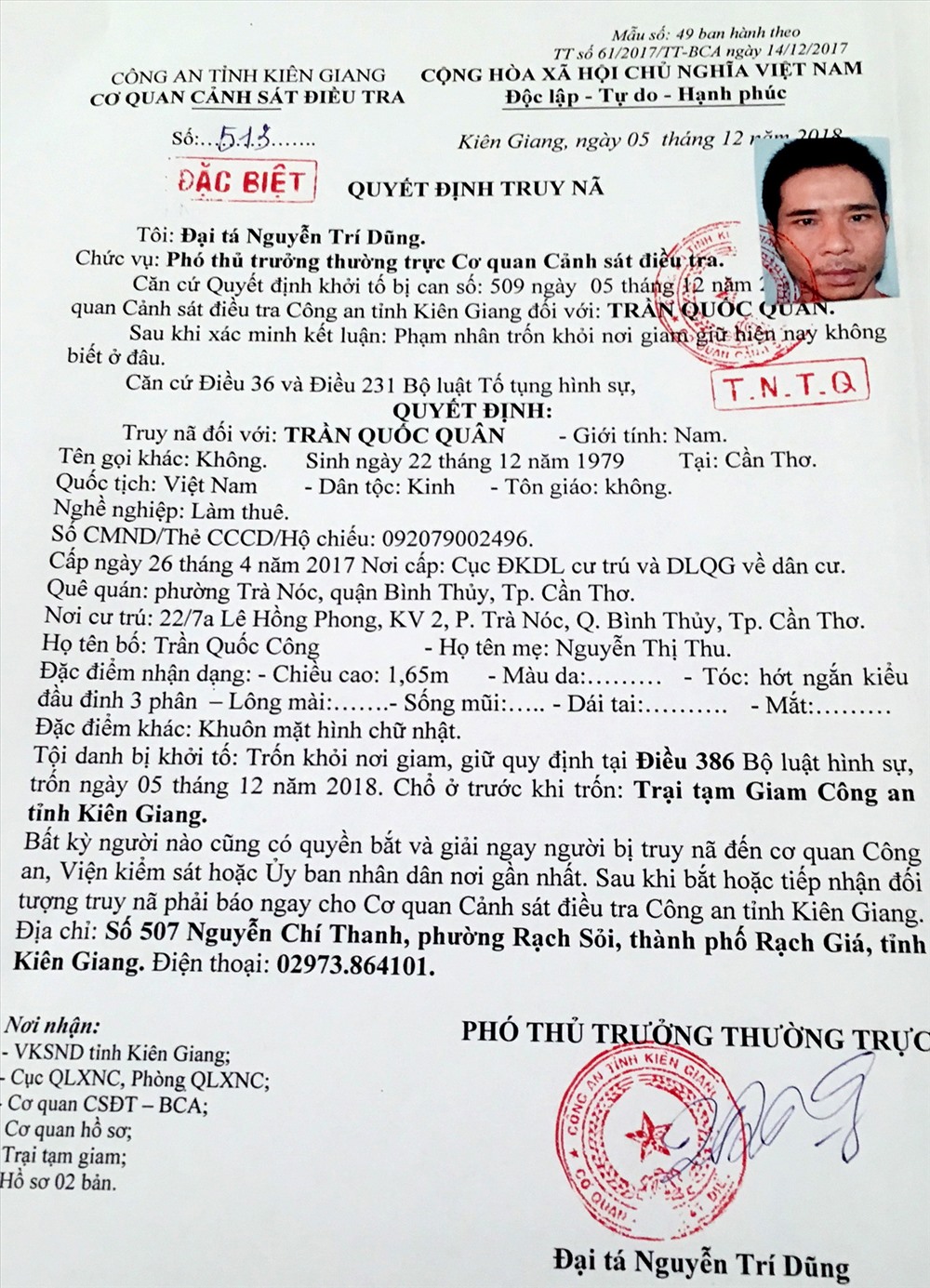 Lệnh truy nã đặc biệt đối tượng Trần Quốc Quân của Công an Kiên Giang. Ảnh: CAKG cung cấp.