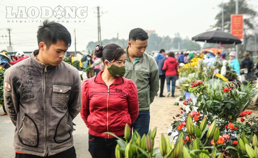 Sáng 14.2, thủ phủ hoa Mê Linh đông nghịt người. Đoạn đường hơn 1km trở thành