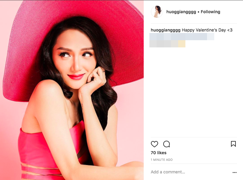 Dù đang bận rộn với cuộc thi Hoa hậu chuyển giới Quốc tế nhưng Hương Giang vẫn không quên kỷ niệm Lễ tình nhân: