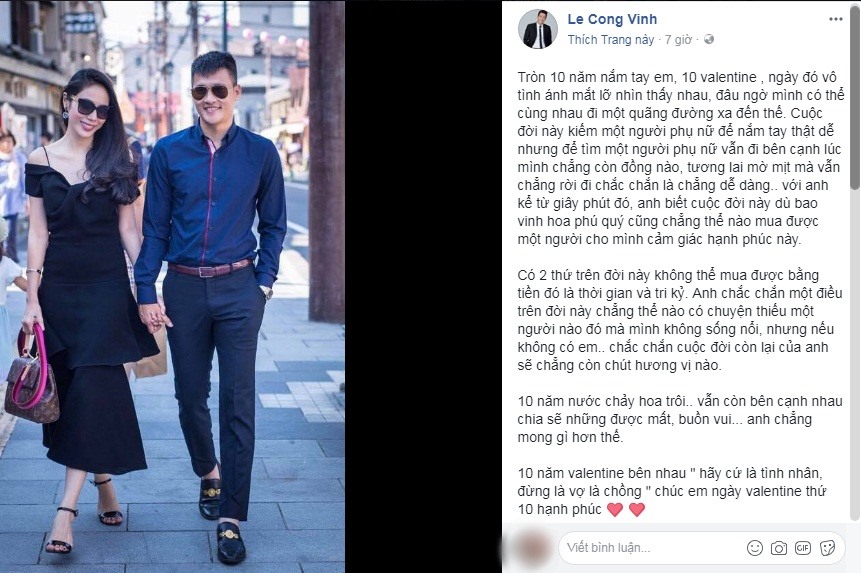 Công Vinh dành những lời ngọt ngào cho bà xã Thủy Tiên nhân dịp kỷ niệm Valentine năm thứ 10 bên nhau